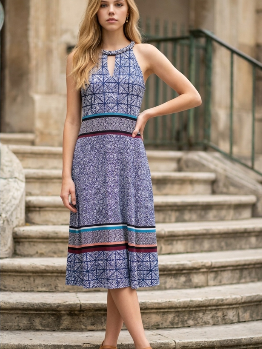 London Times Lavender Print Halter Midi Dress with Keyhole